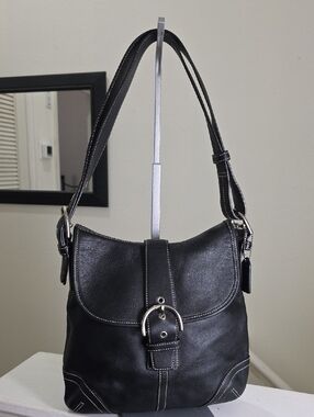 COACH VINTAGE Y2K A05S-9480 SoHo Flap Buckle Black Leather/Slv Shoulder Bag EUC